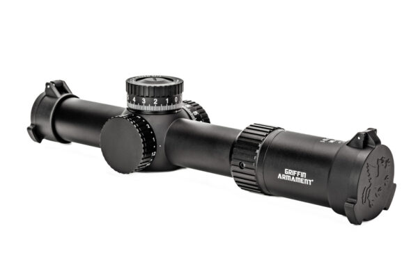 The Griffin 1-10x MIL-R mil radian LPVO riflescope has a glass-etched MRAD reticle that allows ranging of known-sized targets with 12 brightness settings and is available in red or green illumination