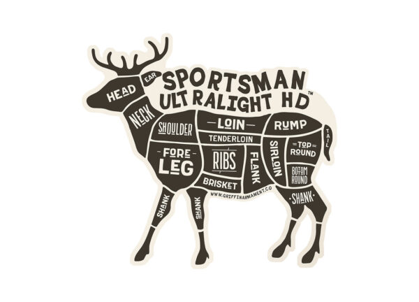 The Griffin Armament Sportsman Ultra Light HD Deer meat cuts sticker, buck, whitetail deer, hunting, hunter silencer, hunting suppressor