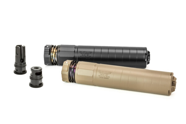 The DUAL-LOK™ 7 suppressor comes in BLACK & FDE, pictured with a few compatible muzzle devices.