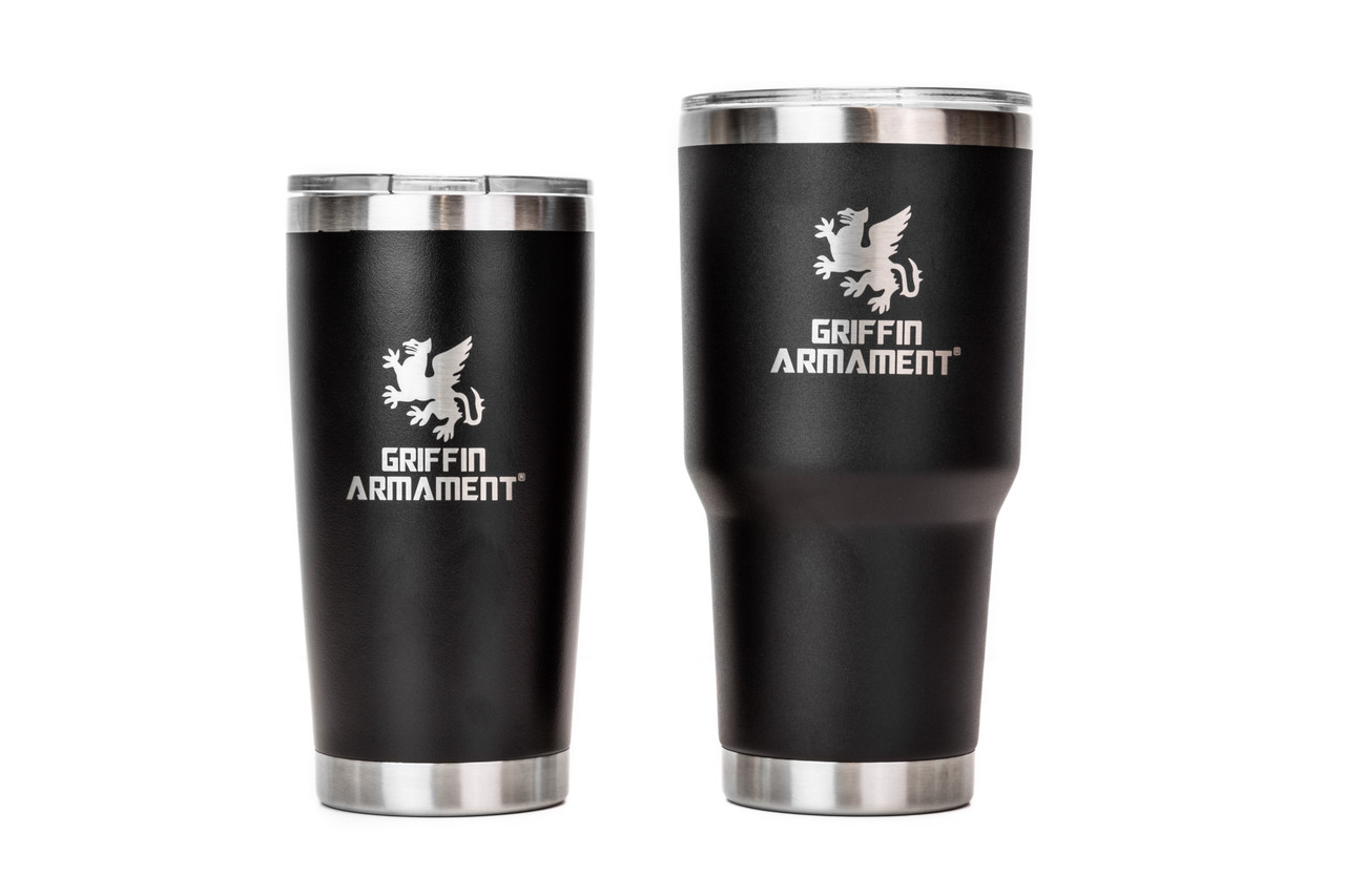 Griffin black coffee tumblers available in 20oz or 30oz size with sliding leak-proof lid