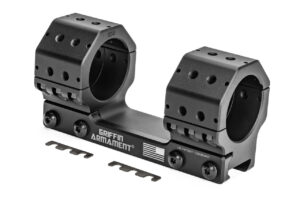 The Griffin Precision Mount (GPM™) Afford unmatched attachment versatility for accessories, backup optics, offset sites, or bubble levels by way of the Accessory Interface Suite (AIS™) with dowel pin alignment system. This is an image of a black Standard, unibody box scope mount Made in America from 6061-T6 aluminum. 