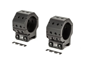 34mm diameter griffin precision scope mount rings. Black color with dowel pin alignment interface for accessory optics, mounts to picatinny rails