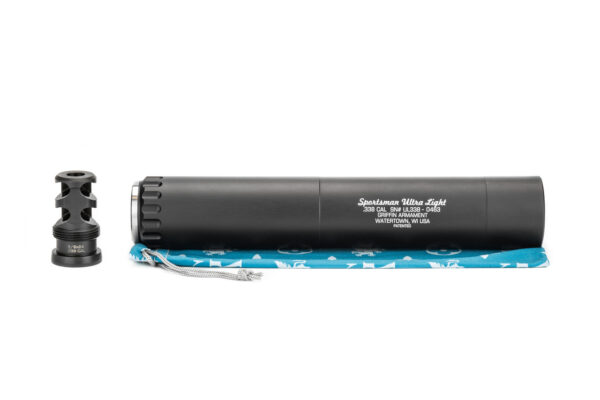 Griffin Armament Sportsman Ultralight 338 suppressor with included muzzle device, a 5/8x24 .338 cal 2 port Paladin Brake