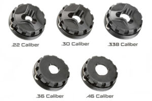 Ratchet-LOK end caps come in .22 cal, .30 cal, .338 cal, .36 cal, and .46 cal. Notice the flash hider geometry on the 3 smallest caliber options. The .36 cal end cap and .46 cal end caps are the same ones that are included with the Bushwhacker 36 and Bushwhacker 46 suppressors. 