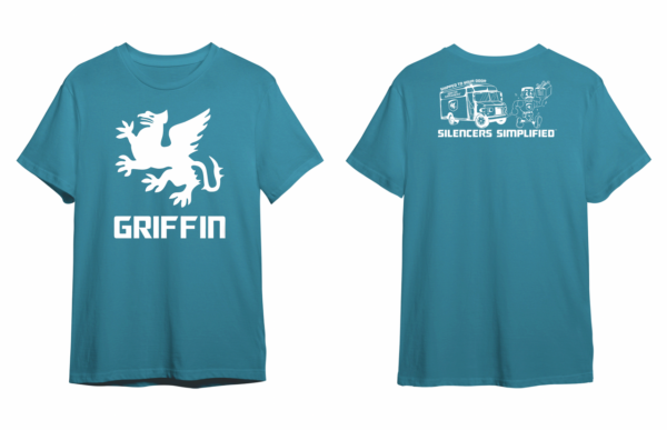 This sapphire blue Griffin Armament Silencers Simplified Suppressors to your door t shirt is available in multiple sizes, made from cotton, ships free with any silencer purchase