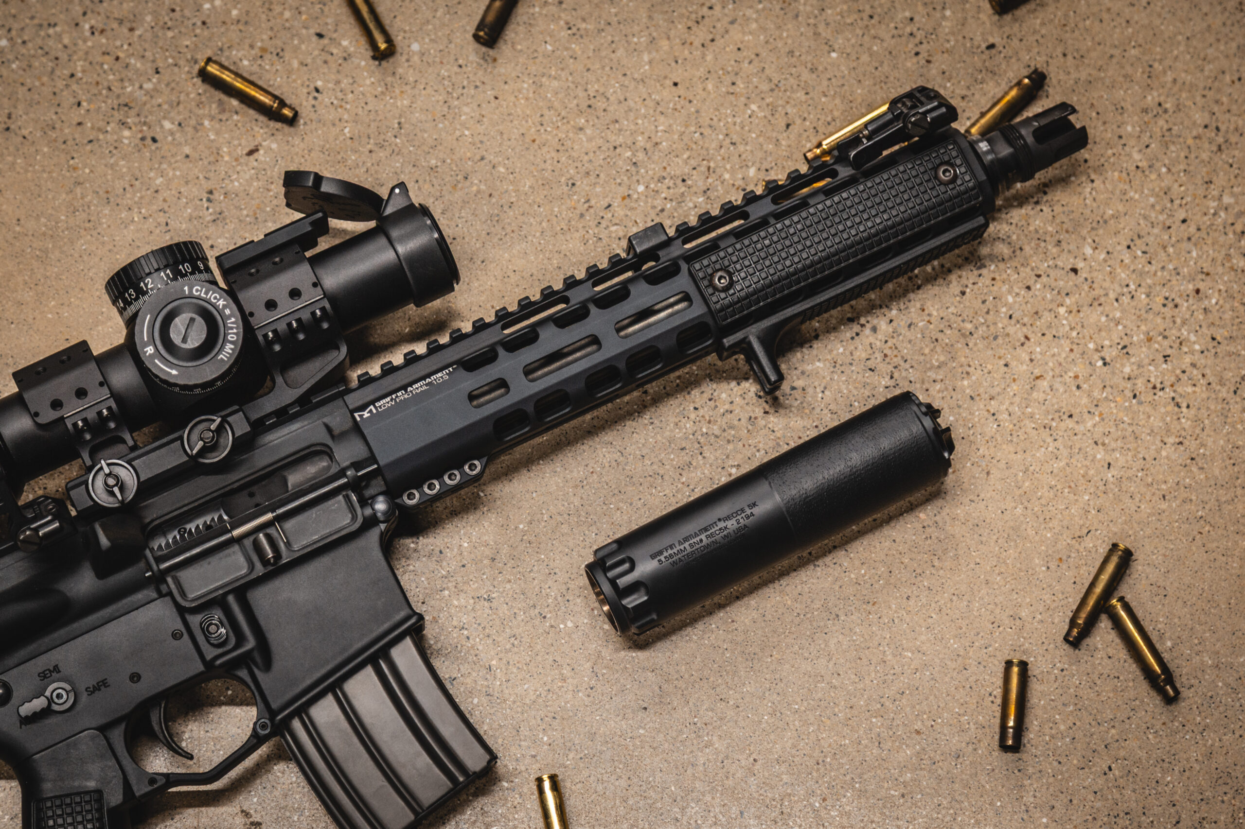 Griffin armament black recce 5K silencer 3d printed suppressor with ar-15 rifle and bullets