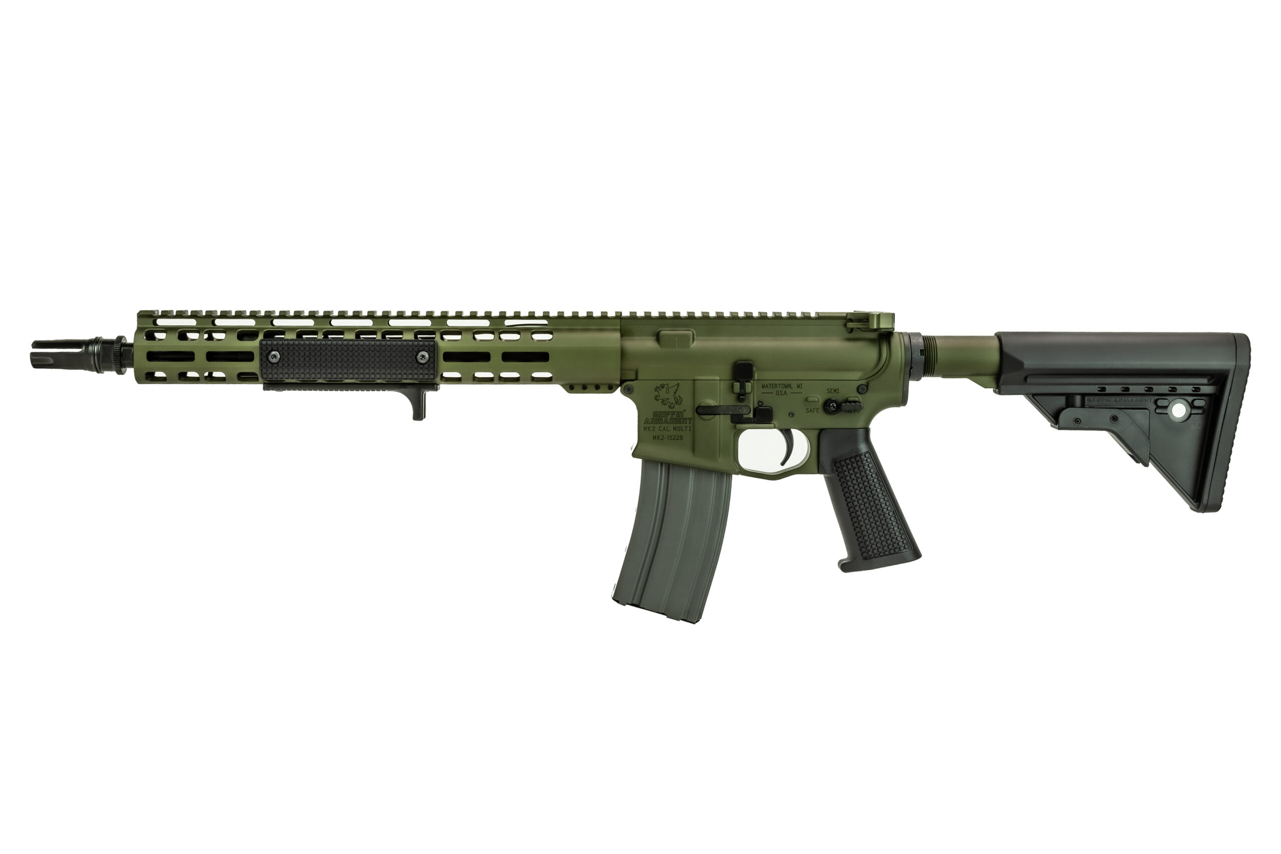 Griffin Armament mk2 ar-15 full ambi rifle 13.9" barrel warhawk green anodized color