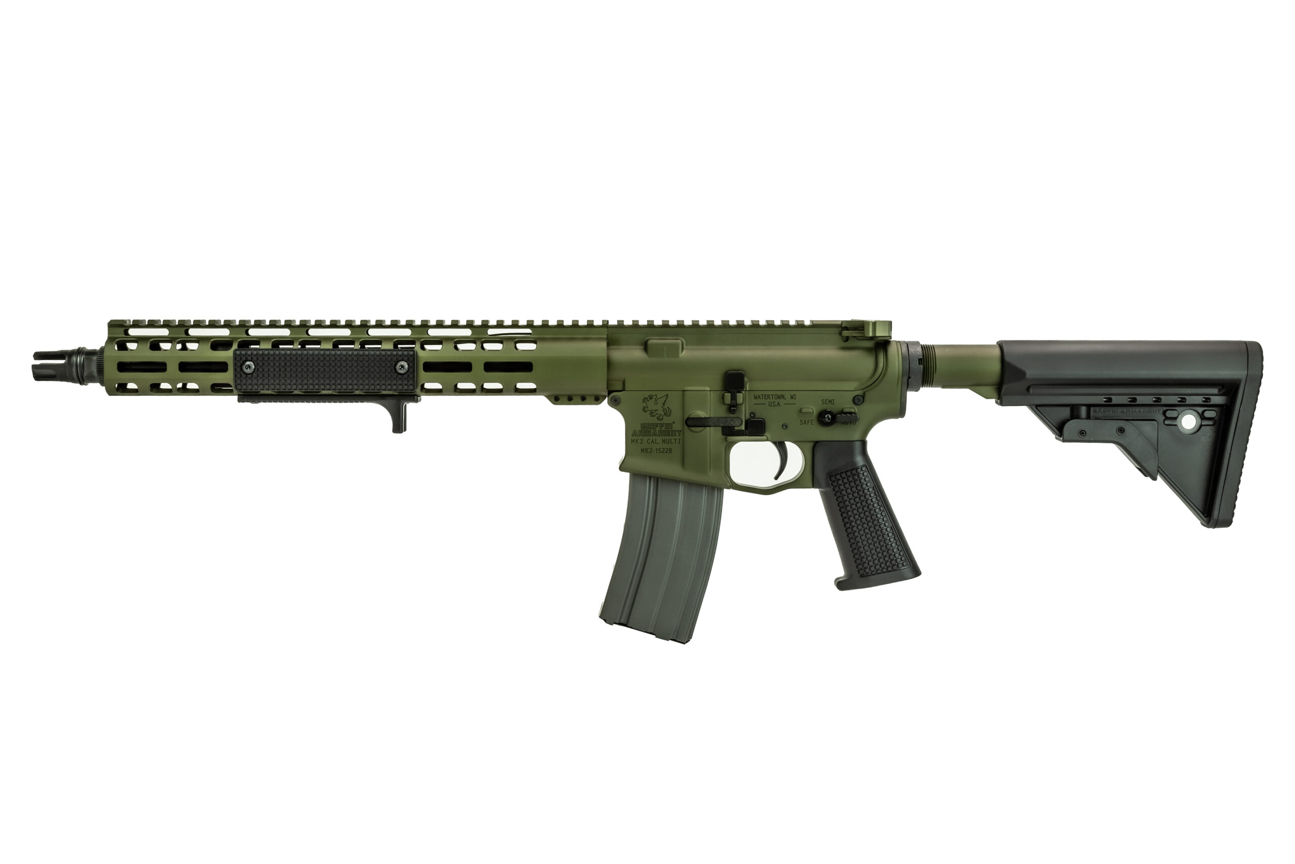 Griffin Armament mk2 ar-15 full ambi SBR 13.9" barrel warhawk green anodized color